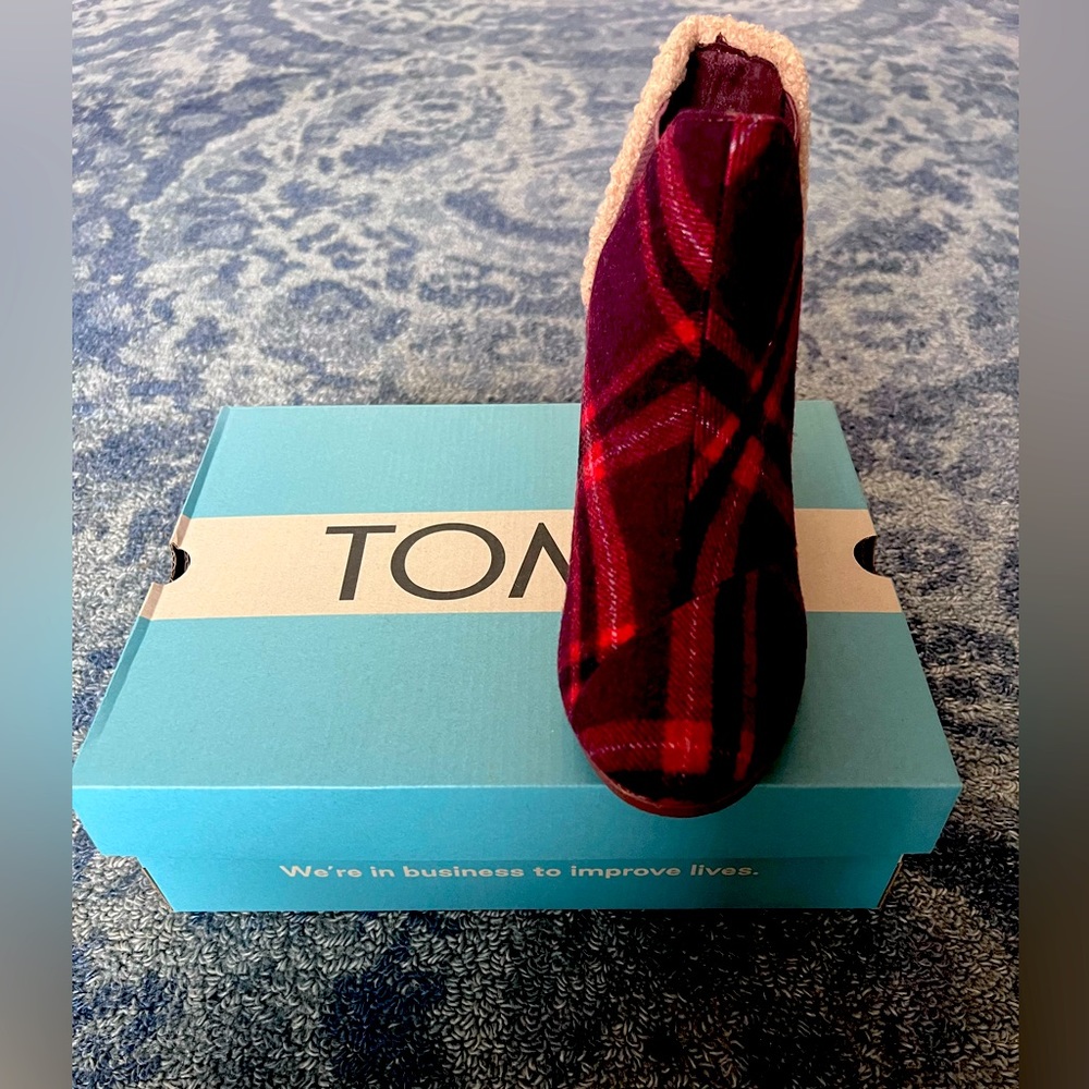 Brand new in box, Tom’s red plaid wedge booties